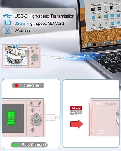 UHD 4K Digital Camera, Upgrade True 50MP Vlogging Camera, 16X Digital Zoom, 32GB High-Speed SD Card, Autofocus, 2.8'' LED Screen, Anti-Shake, 2 Large Batteries, for Kids Student Teens Adult Beginner thumbnail 6