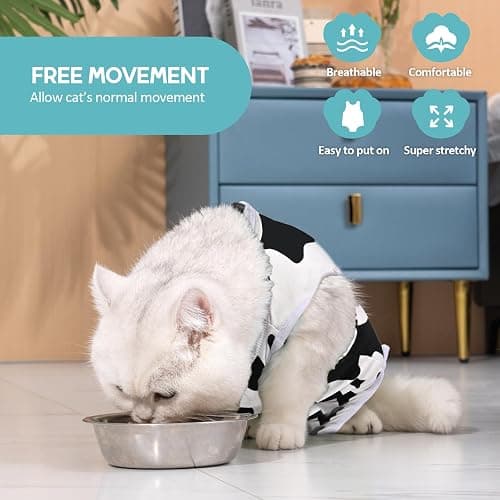 Avont Cat Recovery Suit - Kitten Onesie for Cats After Surgery | Stop Licking, Protects Stitches, S: Neck 8.5"-10.2"/Chest 11.5"-13"/Back 8", Soft & Breathable, Hook & Loop, Cow thumbnail 2