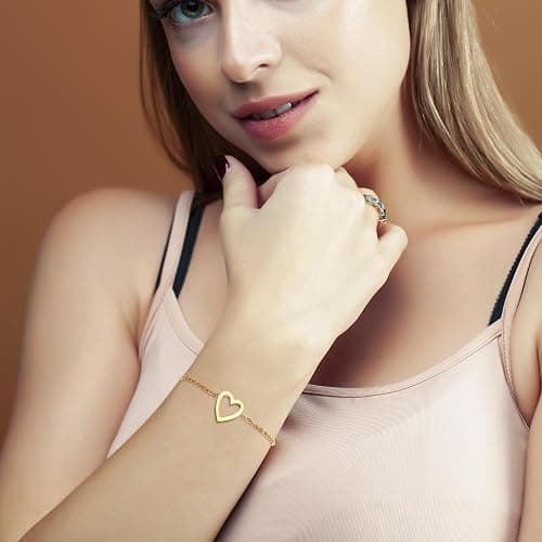 2pcs Matching Heart Bracelets, Gold Plating Delicate Love Friendship Chain Adjustable Jewelry Bracelets Heart Bracelet Set Gift for Women as Prom Accessories Anniversary (Gold) thumbnail 6