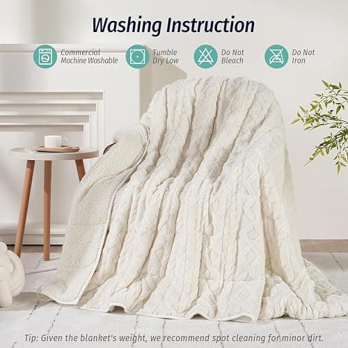 Wemore Weighted Blanket for Adults Twin Size 15 lbs, Dual Sided Soft Fuzzy Jacquard Sherpa Weighted Blankets for Sleeping, Cozy Fluffy Knitted Heavy Blanket for Couch Bed, Cream White, 60 x 80 inches thumbnail 7