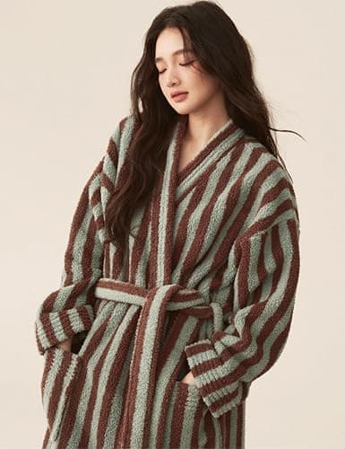 Arssm Womens Striped Fluffy Robe Long Plush Bathrobes Fuzzy Warm Cozy Thick Loungewear Maxi Robe thumbnail 9