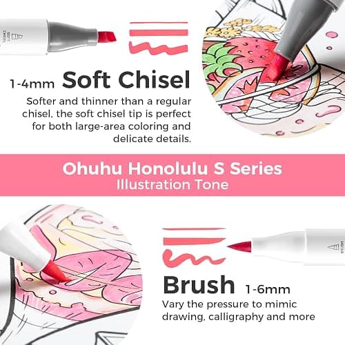 Ohuhu Alcohol Markers 60 Illustration Colors Brush Soft Chisel for Coloring | Dual Tips Art Markers for Artists Adults Coloring Illustration Drawing, AP Certified Refillable Alcohol-based, Honolulu S thumbnail 3