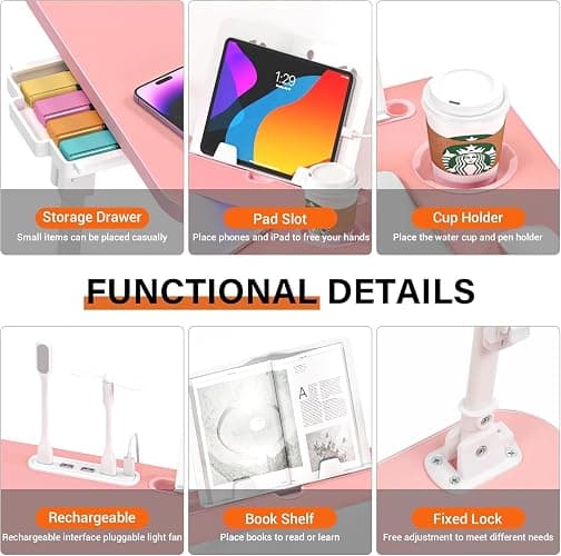 DECOSIS Bed Desk Height Adjustable, Bed Laptop Table with USB/Storage Drawer/Cup Holder/Tablet Stand/Book Shelf, Foldable Breakfast Tray Portable for Reading Writing, Bed, Sofa & Floor, Wood, Pink thumbnail 6