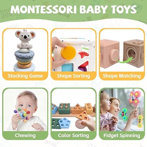 YHHYTOY 6-in-1 Montessori Baby Toys 0-6 6-12 Months, Infant Toys Baby Gifts | 4 5 6 Month Old Baby Toys, Soft Stacking Blocks Rings Shape Sorter Sensory Baby Suction Spinners, Baby Gifts for Girls Boys thumbnail 4