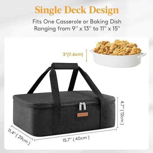LUNCIA Insulated Casserole Carrier for Hot or Cold Food, Lasagna Lugger Tote for Potluck Parties/Picnic/Cookouts, Fits 9"×13" Baking Dish, Black thumbnail 2