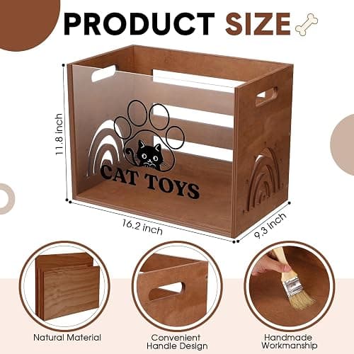 Beeveer Large Cat Toy Basket Cat Toy Box Wooden Storage Bin with Acrylic Board Storage Box for Puppy Toys Pet Food and Accessories Organizer Holder Basket for Living Room Area(Brown, Cat) thumbnail 3