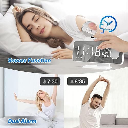 Projection Alarm Clock, Beedove Digital Clock with 180° Rotatable Projector, USB Charger Port, Dimmer, LED Large Mirror Display, Timer, Snooze, 12/24H, Digital Alarm Clock for Bedroom (White) thumbnail 5
