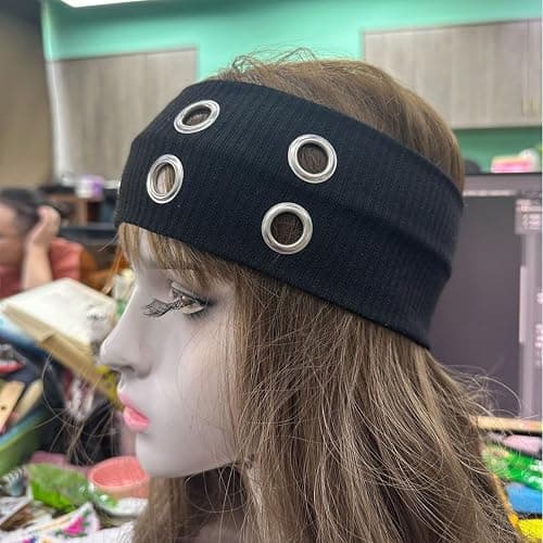HORNEDI Grommet Headband for Women,Hollow Eyelet Elastic Headband,Wide Black Hollow Out Elastic Hair Band,Eyelets Stretchy Casual Hair Accessory(Black, Adjustable) thumbnail 7