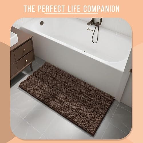 Yimobra Bathroom Rug Mat 44 x 24, Non Slip and Super Absorbent Bath Mat,Machine Washable Quick Dry,Ultra Plush Chenille Shower Rugs for Bathroom Floor Sink Tub and Shower Outside,Brown - Image 1