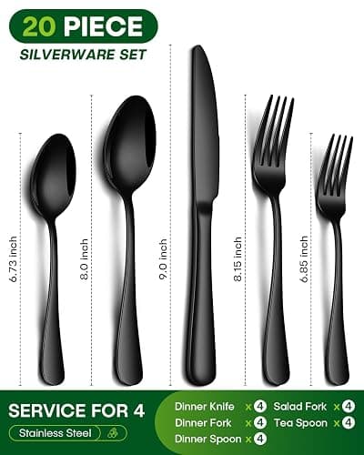 PHILIPALA 20 Piece Black Silverware Set, Stainless Steel Flatware Set for 4 Food Grade Cutlery Utensil Set Include Knife Fork Spoon Mirror Polished Dishwasher Safe thumbnail 3