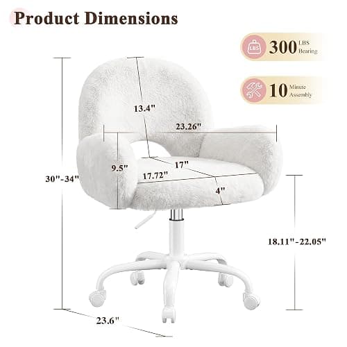 Homkdom Vanity Chair with Round Hollow Back & Arms,Height Adjustable | Faux Rabbit Fur, Swivel Cute Makeup Chair, Padded Seat, for Bedroom Dorm, Rolling Casters,White thumbnail 2