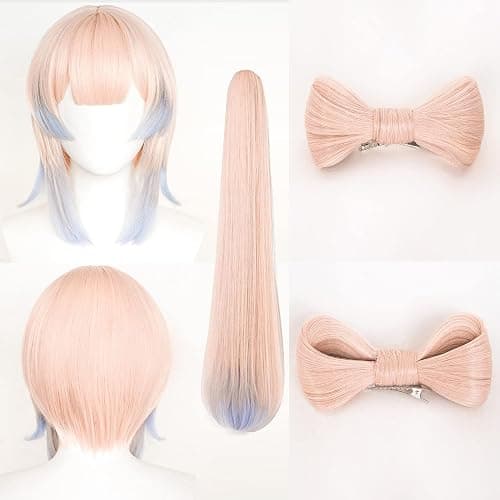 maysuwell Anime Pink Mixed Blue Wigs with Bangs Long Straight Hair with Ponytail Pre-made Bows Game Character Cosplay Wig Halloween,Christmas,Comic con,Game Show thumbnail 6