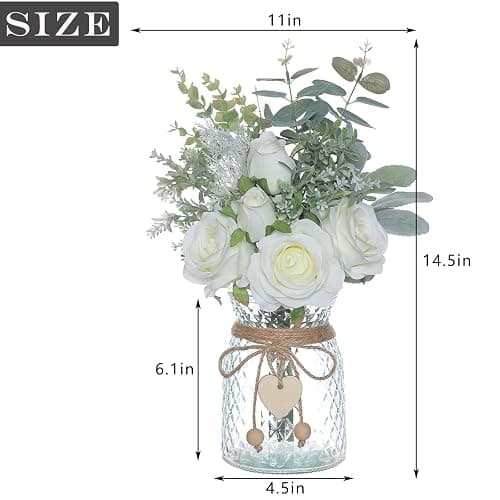 Faux Flowers with Vase,Artificial Silk Roses in Vase, Fake Plant Eucalyptus Flower Arrangement for Home Office Farmhouse Bathroom Dining Table Centerpiece Decorations Coffee Table Decor (White) thumbnail 3