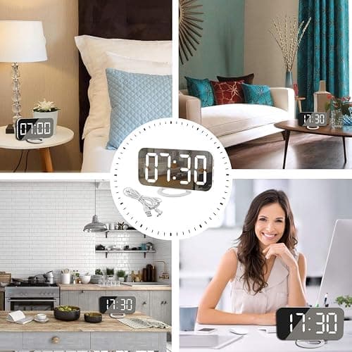 SZELAM Digital Clock Large Display, LED Electric Alarm Clocks Mirror Surface for Makeup with Diming Mode, 3 Levels Brightness, Dual USB Ports Modern Decoration for Home Bedroom Decor-White (001) thumbnail 7