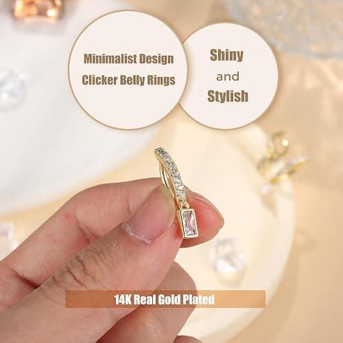 FIBO STEEL 14K Gold Plated Belly Button Rings for Women Clicker Dangle Belly Rings CZ Pearl Star Shells Barbell Navel Rings 316L Surgical Steel Belly Piercing Jewelry 14G thumbnail 5