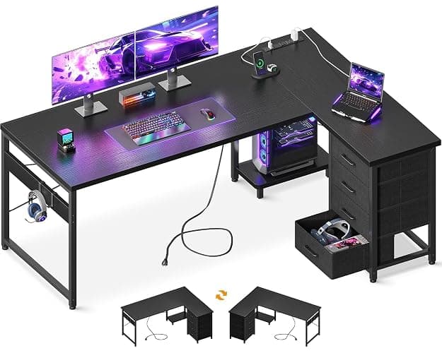 AODK L Shaped Gaming Desk with 4 Drawers, 61" Reversible Home Office Desks with Power Outlets, L Shaped Computer Desk with USB Charging Port and Host Stand, Corner Desk, Easy to Assemble, Black - Image 1