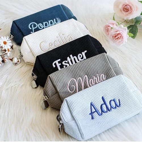 Personalized Embroidered Waffle Cosmetic Bags, Custom Thicken Beauty Makeup Packet Bag for Women Girls, Travel Makeup Pouch, Aesthetic Toiletry Case, Bridal Bridesmaid Party, Birthday, Wedding Gifts thumbnail 3