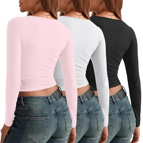 AUTOMET 3 Pack Womens Long Sleeve Shirts Fall Fashion Scoop Neck Crop Tops Basic Layer Slim Fit Y2K Clothes thumbnail 4
