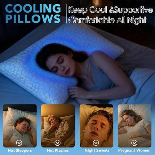 QUTOOL Cooling Pillow for Sleeping, CertiPUR-US Shredded Memory Foam Queen Pillows Set of 2, Cool Pillow for Hot Sleepers Adjustable Firm Pillow for Side, Back, Stomach Sleepers Soft Yet Support,White thumbnail 4