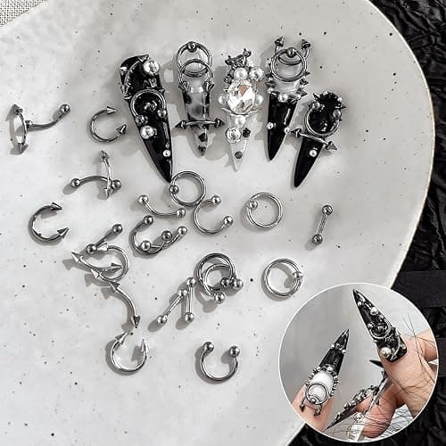 60PCS Piercing Nail Art Charms 3D Silver Alloy Goth Punk Nail Decorations Silver Gray Cone Spikes Metal Rings Alloy Rivets Jewelry for Women Goth Manicure Charm Accessories DIY Crafts Decorations thumbnail 3