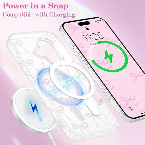 UEEBAI Magnetic for iPhone 16 Case, Bow Case Compatible with MagSafe, Wireless Slim Clear Ribbon Aesthetic Phone Cover Anti-Yellowing Shockproof Protective Cover for Women Girl - Pink thumbnail 4