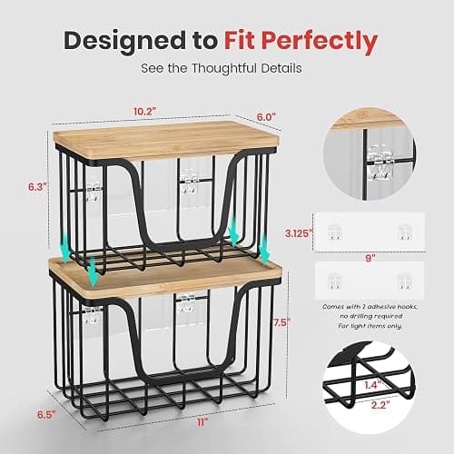 KONE Large Trash Bag Holder, 2 Pack Garbage Bag Dispenser, Storage Stackable Kitchen Organizer with Bamboo Top, Wall Mount Laundry Pantry Organization Black thumbnail 2