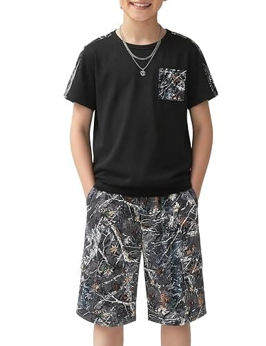 mksodopy Boys Summer Outfit Set 2 Piece T Shirt and Camo Shorts Casual Clothes for Little Big Boys 5-16 - Image 1