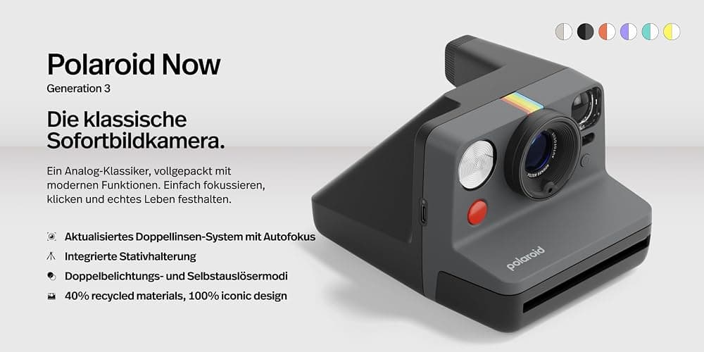 Polaroid Now 3rd Generation I-Type Instant Camera + Film Bundle - Now Black Camera + 16 Color Photos (6560) thumbnail 2