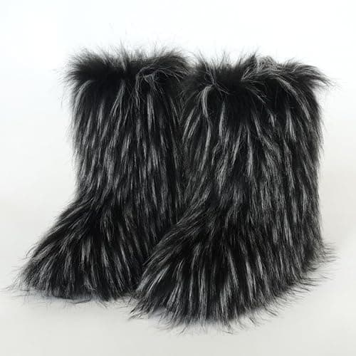 Furry Faux Fur Boots for Women Colourful Winter Warm Soft Plush Snow Boots Fuzzy Fluffy Round Toe Suede Flat Shoes Outdoor Indoor Mid-Calf Boot thumbnail 2