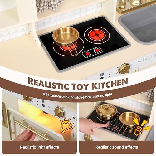 EDUBEBO Kids Kitchen playset, Wooden Play Kitchen, Height Adjustable, Comes with Various Kitchen Accessories, Ideal Role Play Toy Gift for Toddlers and Kids Ages 3-8 (White) thumbnail 5