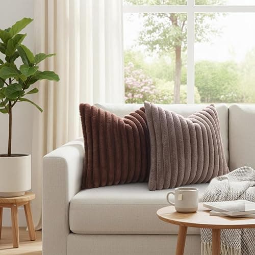 Simmore Faux Fur Couch Throw Pillow Covers 18x18 Set of 2, Decorative Soft Striped Plush Pillow Covers with Velvet Back for Sofa Bed Living Room, Chocolate thumbnail 2