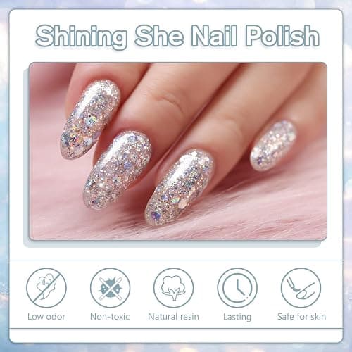 Shining She Vernis Semi Permanent Paillettes, 6 Couleurs Paillettes Blanc Argenté Noir Or Rose Vernis à Ongles Gel Soak Off UV/LED Semi-permanent Manucure Kit Pour Salon De Manucure DIY Home, 8ml - Paillettes thumbnail 4