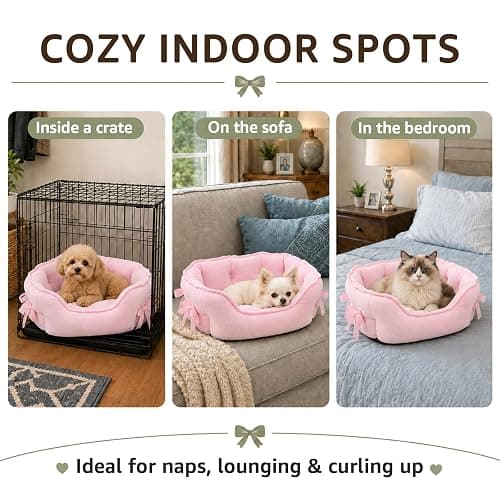 Pink Dog Bed for Small Breeds Breathable Princess Bowknot Puppy Cat Cushion | Soft Short Plush Cover PP Cotton Filling Moisture-Resistant Nonslip Oxford Base Lightweight Sofa Ideal Kittens Naps Lounging thumbnail 7