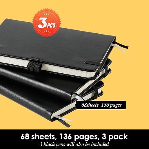 Small Notebook Pocket Journal, A6 3.7" x 5.7", 3 Pack, Black Leather Cover | With Pens, Hardcover, 100Gsm Thick Lined Paper, For Women Men Work Writing Note Taking, School Office Supplies thumbnail 5