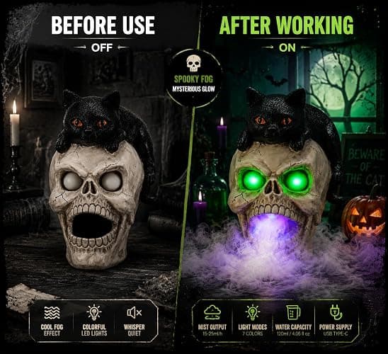 Shlinnuo Halloween Skull Statue with Mist Fogger Light 11 inch | Black cat skull decor, glowing eyes, water mist fog, resin Halloween figurine, indoor haunted house tabletop prop thumbnail 3