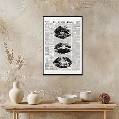 Trendy lips Wall Art Vintage Black And White Newspaper Kiss Posters Retro Canvas Prints Art Funky Girly preppy Apartment for y2k Room Decor Aesthetic 12x18inch black framed thumbnail 4