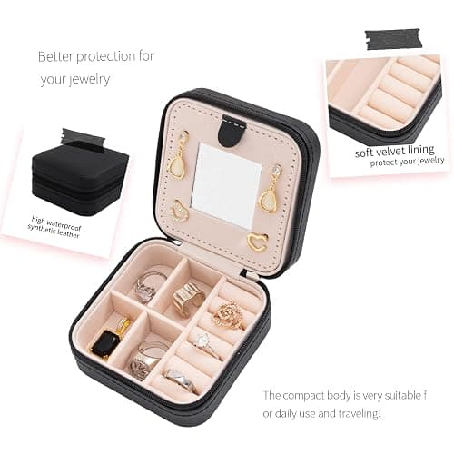 KElofoN Travel jewelry case Travel jewelry box Travel Jewelry Organizer Small Jewelry Organizer Box Gift for Girls Women with Mirror(Black) thumbnail 4