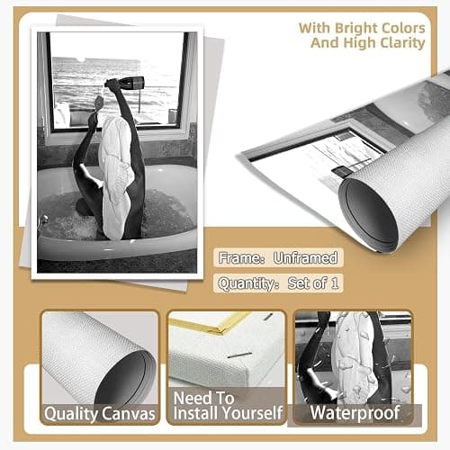 Trendy Black and White Posters Funny Woman Drinking Wine in Bathtub Wall Art Funky Girl Room Decor Fashion Vintage Bar Cart Canvas Prints for Girls Dorm Bathroom Apartment Aesthetic 12x16in Unframed thumbnail 7