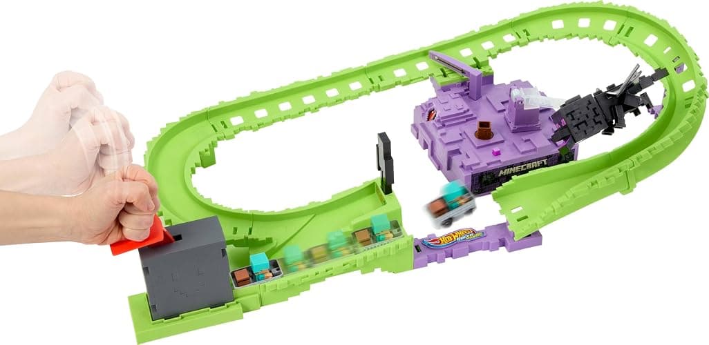 Hot Wheels Toy Car Track Set, RacerVerse Minecraft Playset & Die-Cast Diamond Armor Steve in Minecart Vehicle, Launch & Race to Defeat Ender Dragon thumbnail 2
