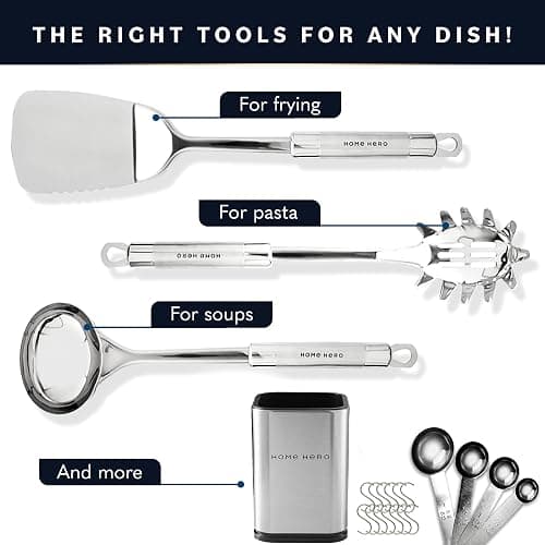 Home Hero 32-Piece Stainless Steel Kitchen Utensil Set - Heat-Resistant Nonstick Silicone Tools - Durable Stainless Steel Cooking Tools - Measuring Cups & Spoons with Holder - 32 Pc, Silver thumbnail 5