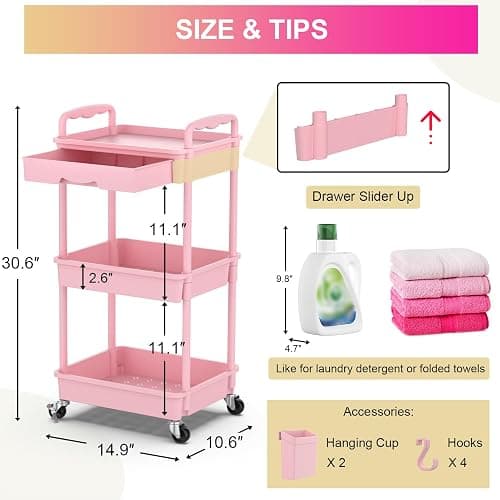 Goovilla 3 Tier Rolling Utility Cart Organizer with Removable Drawer, Stable and Sturdy Pink Rolling Storage Carts with 2 Lockable Wheels for Bathroom, Kitchen, Snack, Craft, Makeup, Baby Essentials thumbnail 2