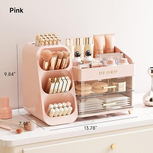 UFORU Makeup Organizer for Vanity with Brush Holder, Countertop Skincare Organizer with 2 Drawers, Spacious Cosmetic Display Case for Perfumes, Eyeshadow Palettes, Nail Polishes thumbnail 3
