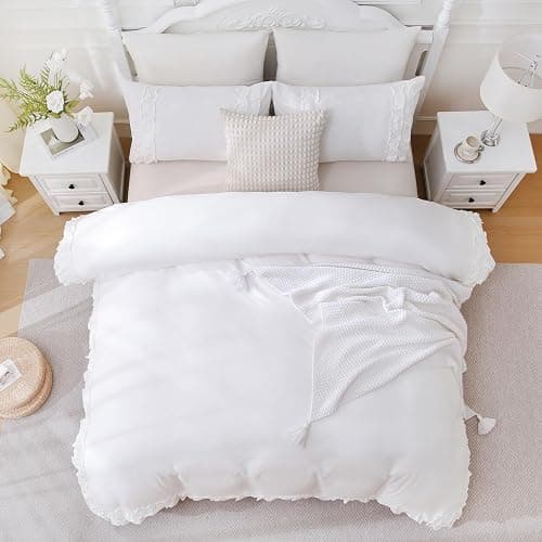 Merryword 100% Cotton Ruffled Duvet Cover Set Queen, White Shabby Chic Farmhouse Bedding Set French Country Cute Comforter Cover thumbnail 7
