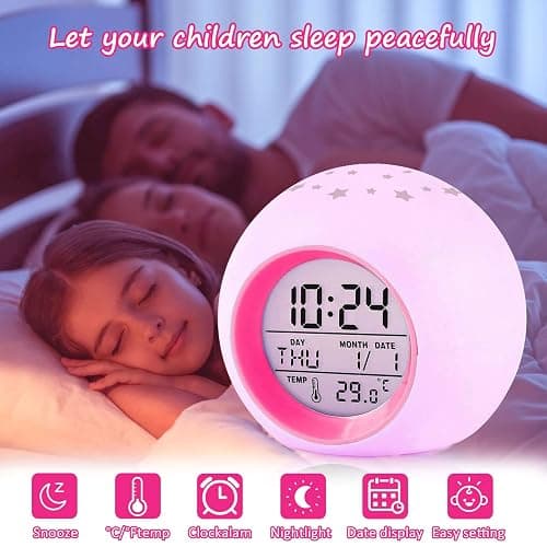Tarklanda Kids Alarm Clock,Moon Stars Projector Alarm Clock,7 Color Changing Night Light,Snooze Touch Control Temperature for Kids’ Bedroom, Digital Clock for Girls Boys Children thumbnail 4
