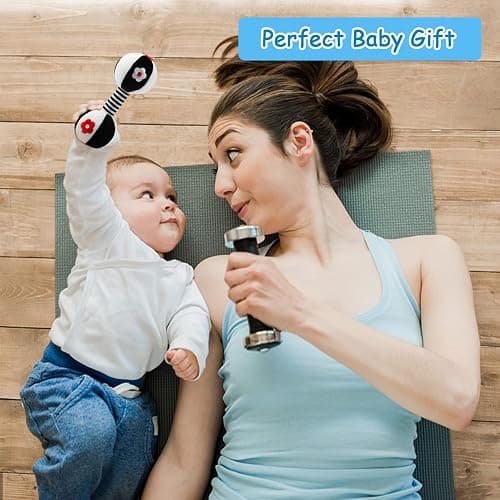 JoyLife Jouets D'éveil Bebe 0 3 6 12 Mois, Noirs et blancs Jouet de Peluche Hochets Haltère Cadeau pour Bebe Garçon Fille, Voyage Douce Jouets en Peluche avec des sons pour Nouveau-né cadeaux thumbnail 7