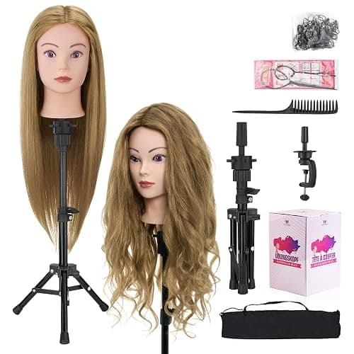 28 Inch Mannequin Head 80% Human Hair with Tripod Stand,Mannequin Cosmetology Manikin Practice Doll Head with stand,Braiding Hairdressing Head for Hair Styling with Table Clamp + DIY Hair Styling Set - Image 1