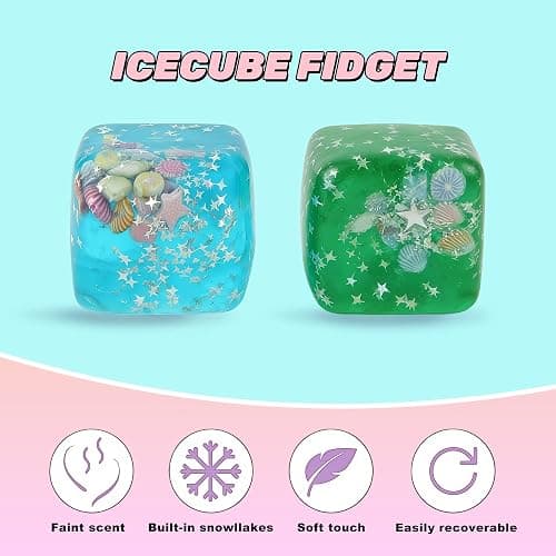 Ice Cube Cube Fidget Toys - Sensory Toys for Adult with Real Sea Shells, Squishy Fidget Toy for ADHD, Anxiety Relief | Non-Toxic Squeeze Ball for Focus & Calm for School, Office(Blue, 5.5cm) thumbnail 3