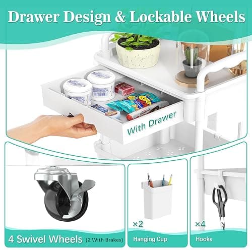 SUNALLY 3 Tier Rolling Cart with Drawer, Bathroom Storage Organizer with 2 Lockable Wheels, Multifunctional Rolling Storage Cart for Bathroom, Kitchen, Office, Craft, Makeup, Baby Essentials, White thumbnail 4