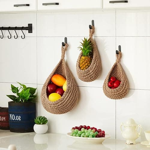 Honeydak Boho Decor Hanging Wall Baskets for Kitchen 3 Pack Teardrop Baskets with Hooks Storage Fruit Onion Vegetable Potato for Home 3 Sizes(Linen,Hemp Rope) thumbnail 2