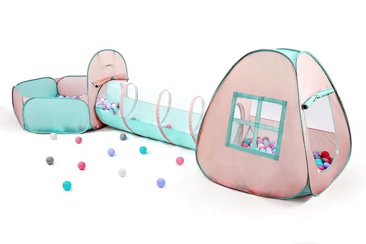 3 in 1 Pop Up Kids Play Tent with Tunnel and Ball Pit for Kids, Boys, Girls, Babies and Toddlers, Indoor/Outdoor Playhouse,Orange Pink/Light Green - Orange/Green - Image 1